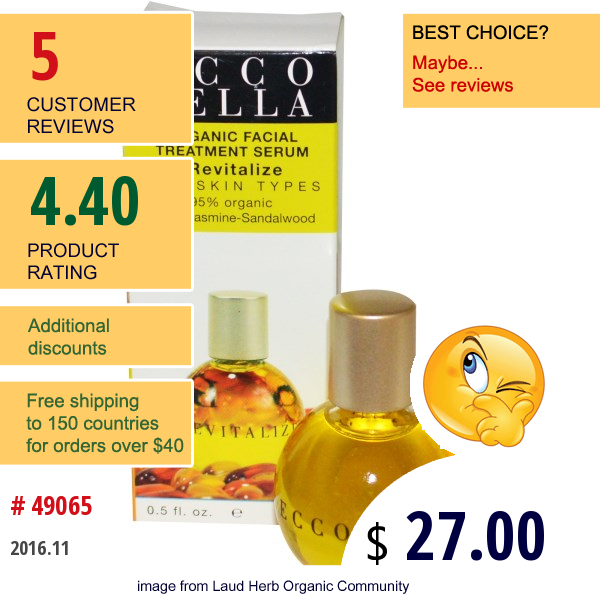 Ecco Bella, Organic Facial Treatment Serum, Revitalize, 0.5 Fl Oz (15 Ml)