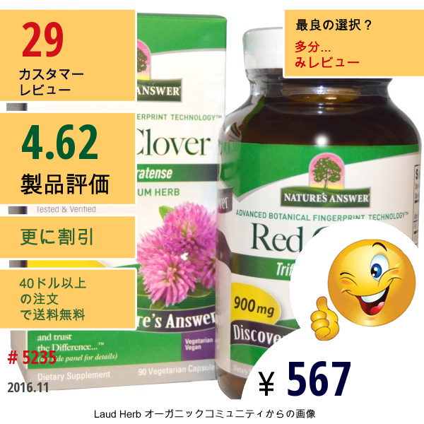 Natures Answer, レッドクローバー, 900 Mg, 90粒（ベジタブルカプセル）