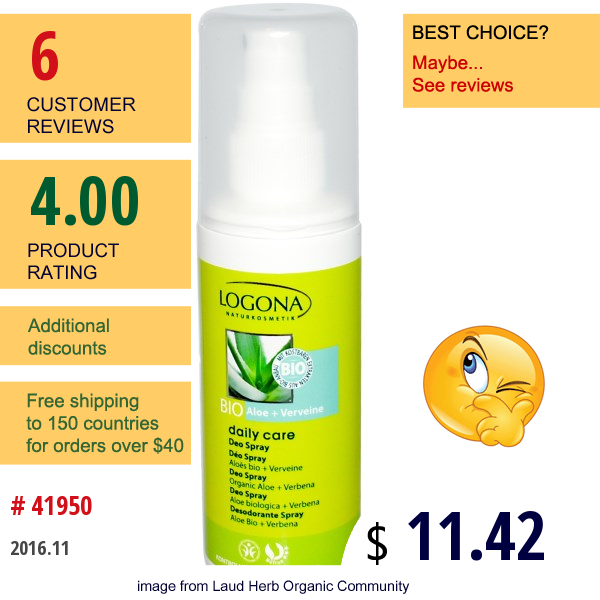 Logona Naturkosmetik, Daily Care Deo Spray, Bio Organic Aloe + Verbena, 3.4 Fl Oz (100 Ml)