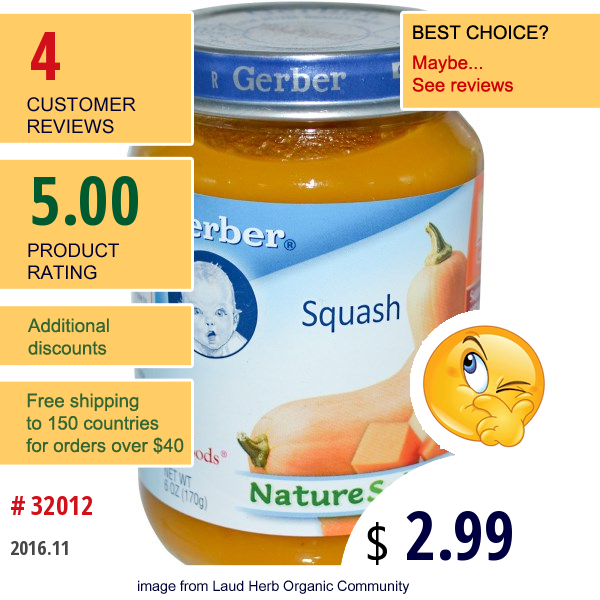 Gerber, 3Rd Foods, Natureselect, Squash, 6 Oz (170 G)  
