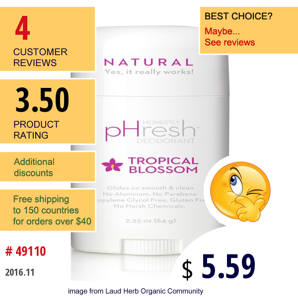 Phresh Deodorant, Tropical Blossom, 2.25 Oz (64 G)  