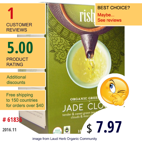 Rishi Tea, Organic Green Tea, Jade Cloud, 15 Tea Bags 1.59 Oz (45 G)  