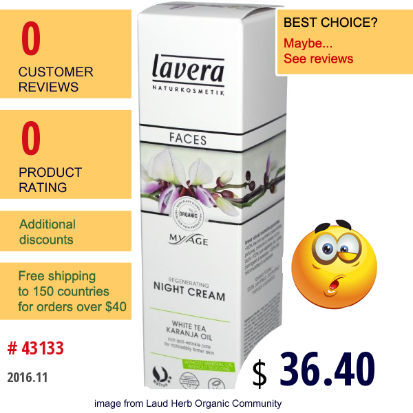 Lavera Naturkosmetic, Faces, My Age, Regenerating Night Cream, White Tea Karanja Oil, 1.0 Fl Oz (30 Ml)  