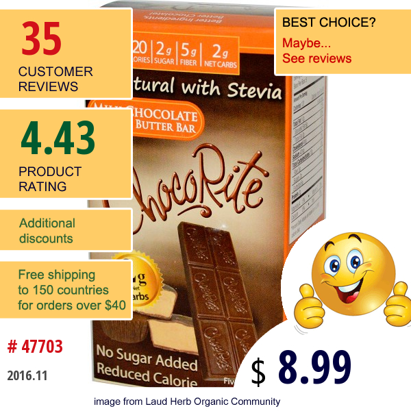 Healthsmart Foods, Inc., Chocorite, Milk Chocolate Peanut Butter Bar, 5 Bars (28 G) Each