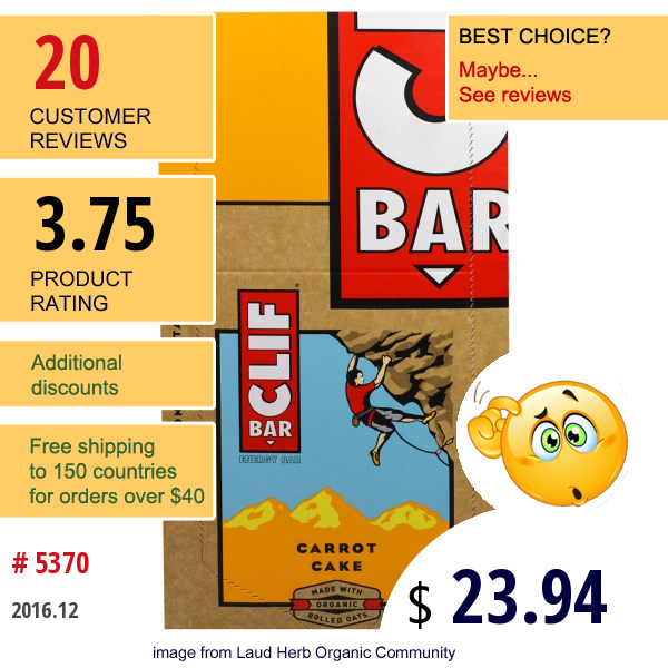 Clif Bar, Carrot Cake, 12 Energy Bars, 2.40 Oz (68 G) Each