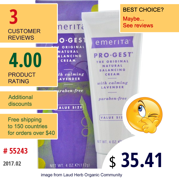 Emerita, Pro-Gest The Original Natural Balancing Cream With Calming Lavender, 4 Oz (112 G)  