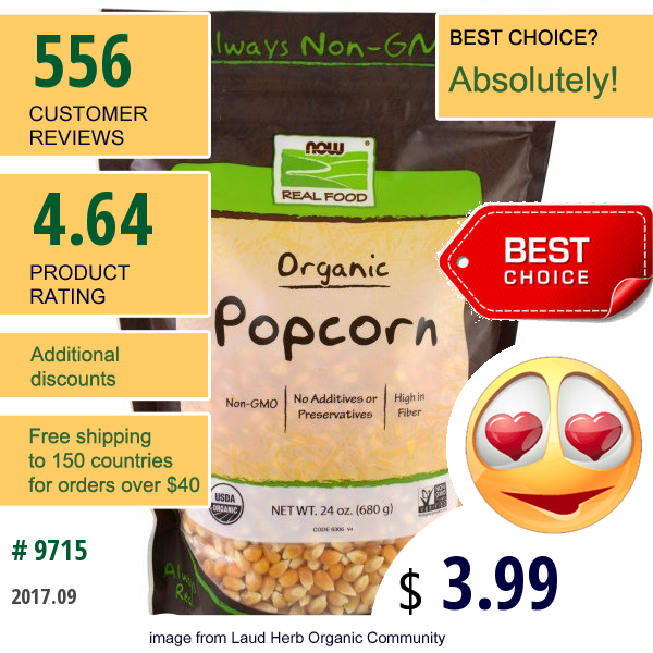 Now Foods, Real Food, Organic Popcorn, 24 Oz (680 G)
