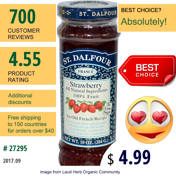 St. Dalfour, Strawberry, Deluxe Strawberry Spread, 10 Oz (284 G)