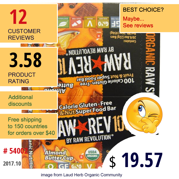 Raw Revolution, Raw Rev 100, Fruit & Nut Super Food Bar, Almond Butter Cup, 20 Bars, 0.8 Oz (22 G) Each  