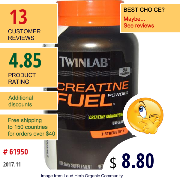 Twinlab, Creatine Fuel Powder, Unflavored, 5 G, 10.6 Oz (300 G)