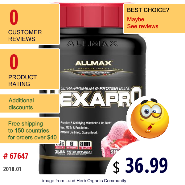 Allmax Nutrition, Hexapro, Ultra-Premium Protein + Mct & Coconut Oil, Strawberry, 3 Lbs (1.36 G)