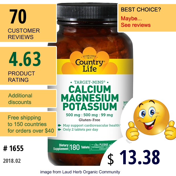 Country Life, Calcium, Magnesium, And Potassium, 500 Mg : 500 Mg : 99 Mg, 180 Tablets