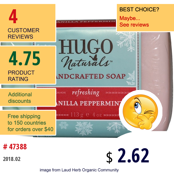 Hugo Naturals, Handcrafted Soap, Refreshing, Vanilla Peppermint, 4 Oz (113 G)  