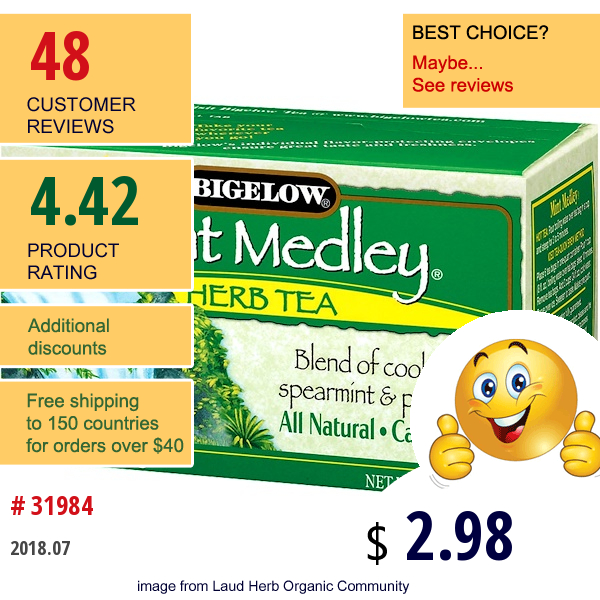 Bigelow, Herb Tea, Mint Medley, Caffeine Free, 20 Tea Bags, 1.30 Oz (36 G) 