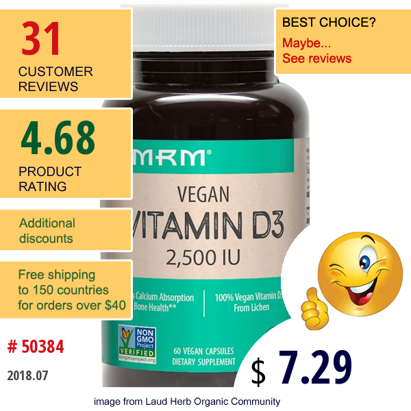 Mrm, Vegan Vitamin D3, 2,500 Iu, 60 Vegan Capsules