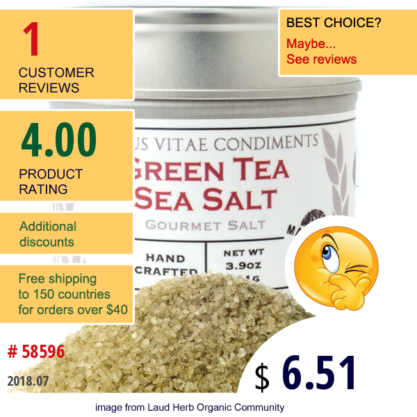Gustus Vitae, Condiments, Gourmet Salt,  Green Tea Sea Salt, 3.9 Oz (111 G)  