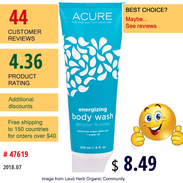 Acure Organics, Energizing Body Wash, Moroccan Argan Stem Cell + Argan Oil, 8 Fl Oz (236 Ml)  