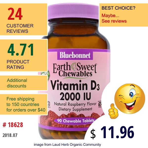 Bluebonnet Nutrition, Earthsweet Chewables, Vitamin D3, Natural Raspberry Flavor, 2,000 Iu, 90 Chewable Tablets