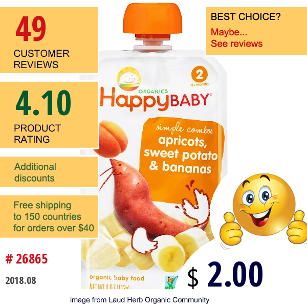 Nurture  (Happy Baby), Organic Baby Food, Stage 2, 6+ Months, Apricots, Sweet Potato & Bananas, 4 Oz (113 G)