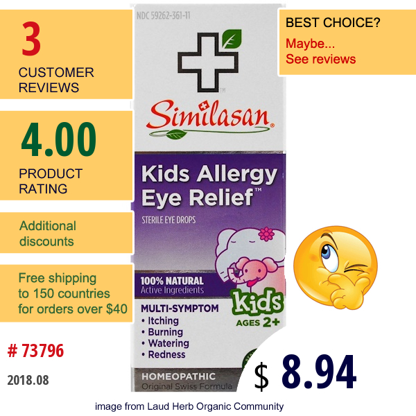 Similasan, Kids Allergy Eye Relief, Sterile Eye Drops, Ages 2+, 0.33 Fl Oz (10 Ml)