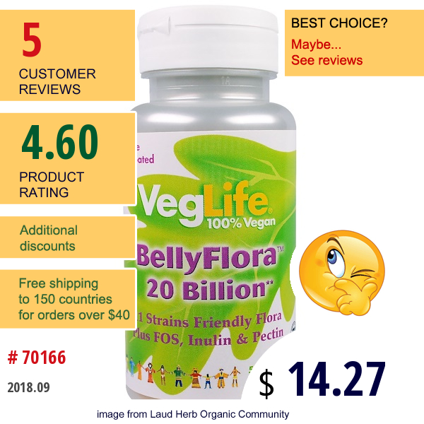 Veglife, Bellyflora, 20 Billion, 50 Vegan Capsules  