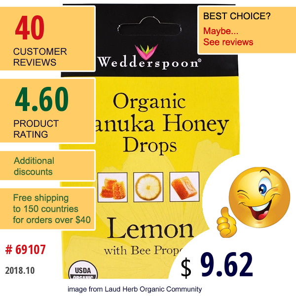 Wedderspoon, Organic Manuka Honey Drops, Lemon With Bee Propolis, 4 Oz (120 G)