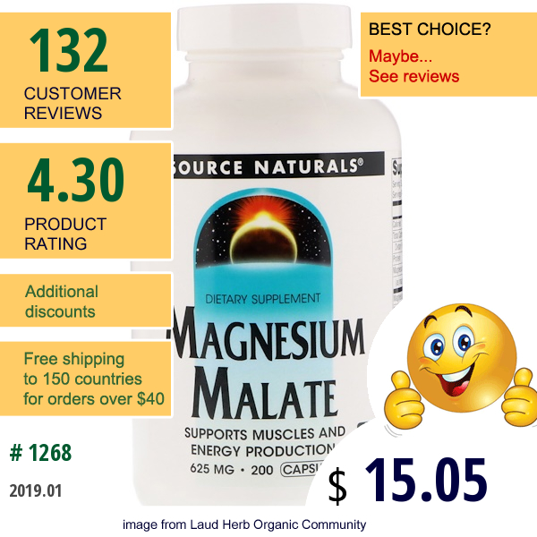 Source Naturals, Magnesium Malate, 625 Mg, 200 Capsules