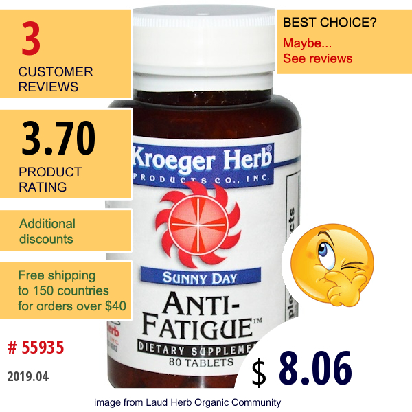 Kroeger Herb Co, Sunny Day, Anti-Fatigue, 80 Tablets
