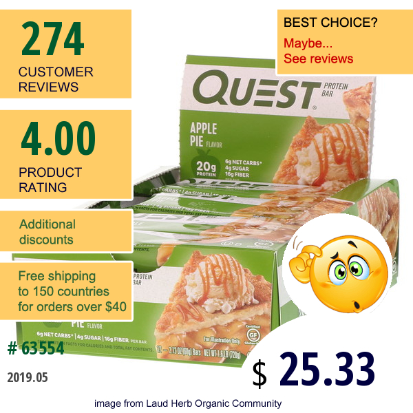 Quest Nutrition, Protein Bar, Apple Pie, 12 Bars, 2.1 Oz (60 G) Each