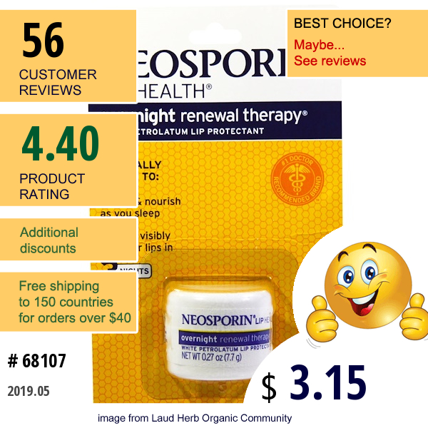 Neosporin, Overnight Renewal Therapy, White Petrolatum Lip Protectant, 0.27 Oz (7.7 G)