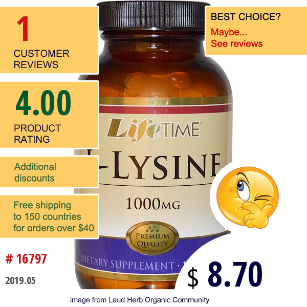 Lifetime Vitamins, L-Lysine, 1000 Mg, 100 Tablets  