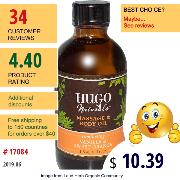 Hugo Naturals, Massage & Body Oil, Vanilla & Sweet Orange, 4 Fl Oz (118 Ml)  