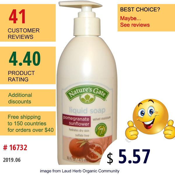 Natures Gate, Pomegranate Sunflower Velvet Moisture Liquid Soap, 16 Fl Oz (473 Ml)  