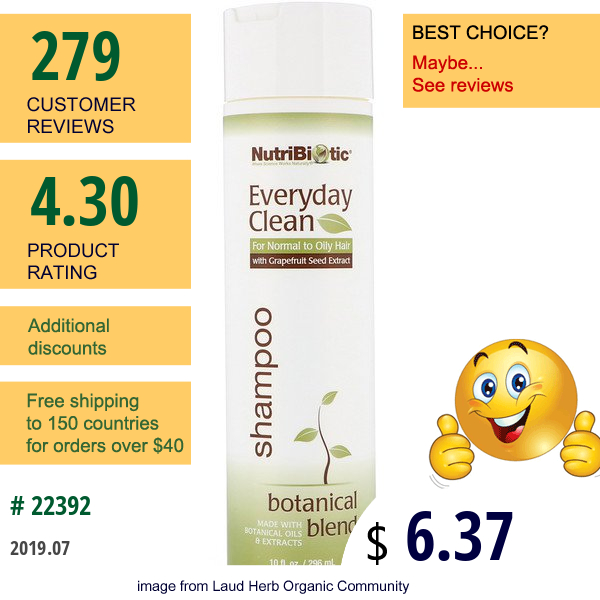 Nutribiotic, Everyday Clean, Shampoo, Botanical Blend, 10 Fl Oz (296 Ml)