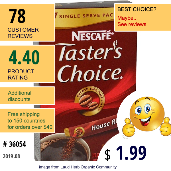 Nescafé, Taster'S Choice, Instant Coffee, House Blend, 7 Packets, 0.07 Oz (2 G) Each  