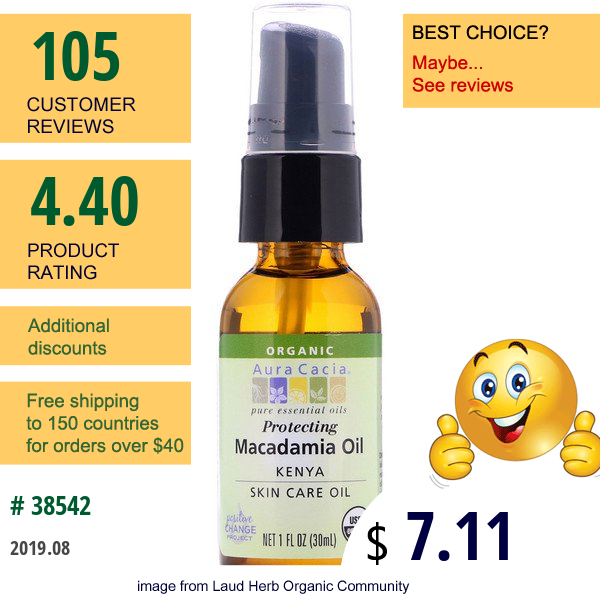 Aura Cacia, Pure Essential Oil, Organic Natural Skin Care, Macadamia Oil, 1 Fl Oz (30 Ml)