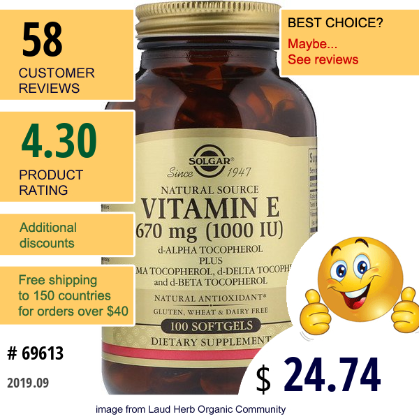 Solgar, Naturally Sourced Vitamin E, 1,000 Iu, 100 Softgels