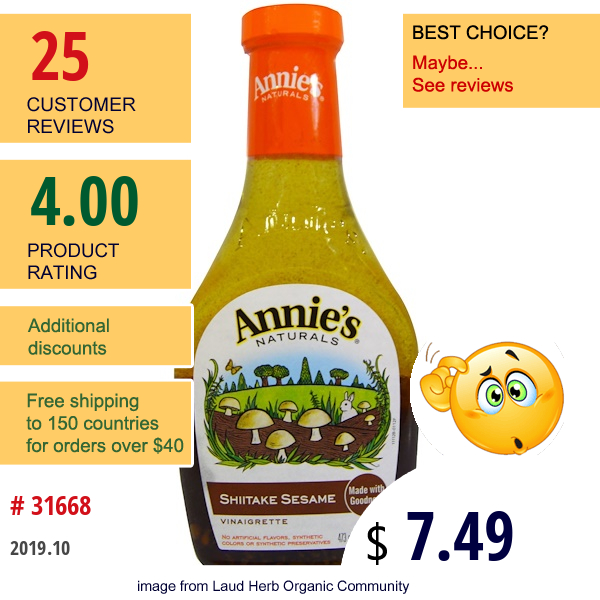 Annie'S Naturals, Shiitake Sesame Vinaigrette, 16 Fl Oz (473 Ml)  