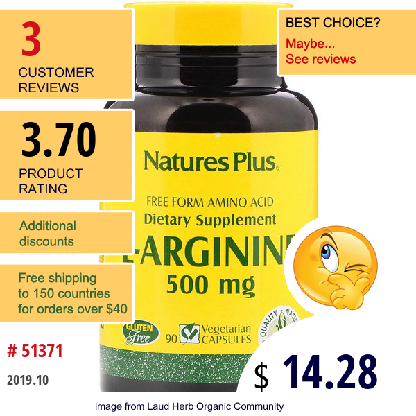 Nature'S Plus, L-Arginine, 500 Mg, 90 Vegetarian Capsules
