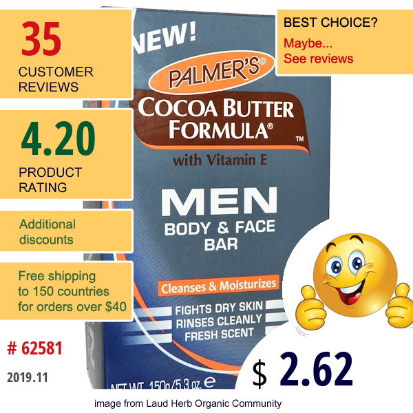Palmer'S, Cocoa Butter Formula, Men, Body & Face Bar, 5.3 Oz (150 G)  