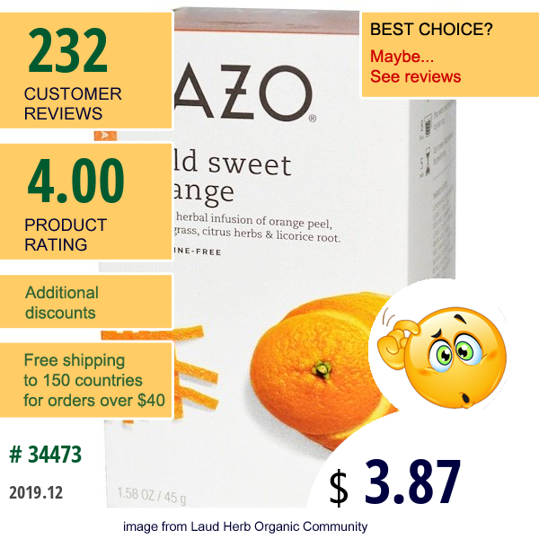Tazo Teas, Wild Sweet Orange, Herbal Tea, Caffeine-Free, 20 Filterbags, 1.58 Oz (45 G)  