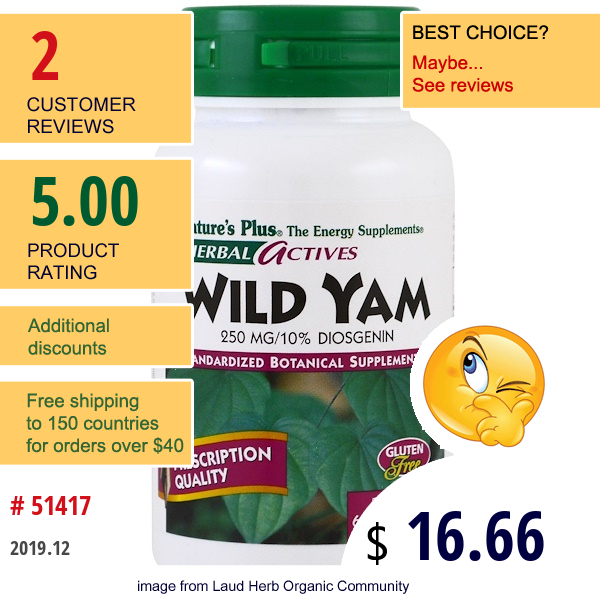 Nature'S Plus, Herbal Actives, Wild Yam, 250 Mg, 60 Veggie Caps Nature'S Plus, Herbal Actives, Wild Yam, 250 Mg, 60 Veggie Caps