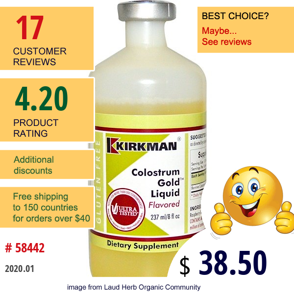 Kirkman Labs, Colostrum Gold Liquid, Flavored, 8 Fl Oz (237 Ml)