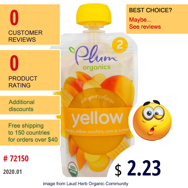 Plum Organics, Stage 2, Eat Your Colors, Mango, Yellow Zucchini, Corn & Turmeric, 3.5 Oz (99 G)  