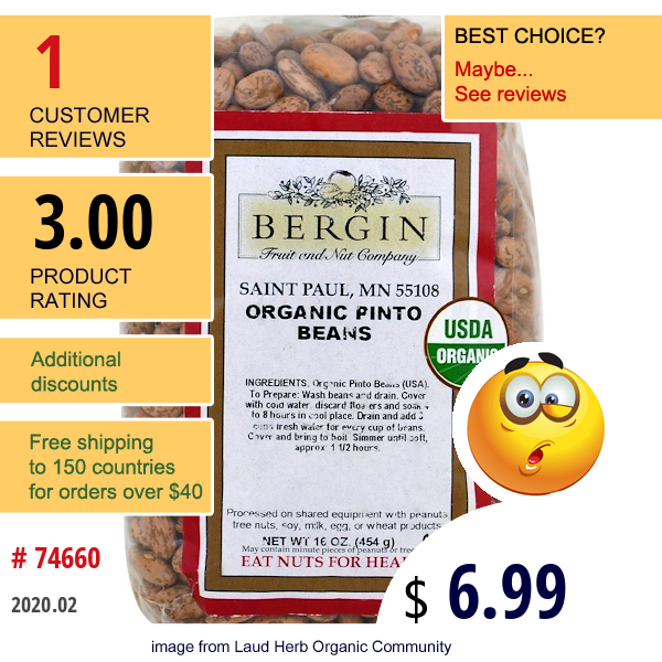 Bergin Fruit And Nut Company, Organic Pinto Beans, 16 Oz (454 G)  