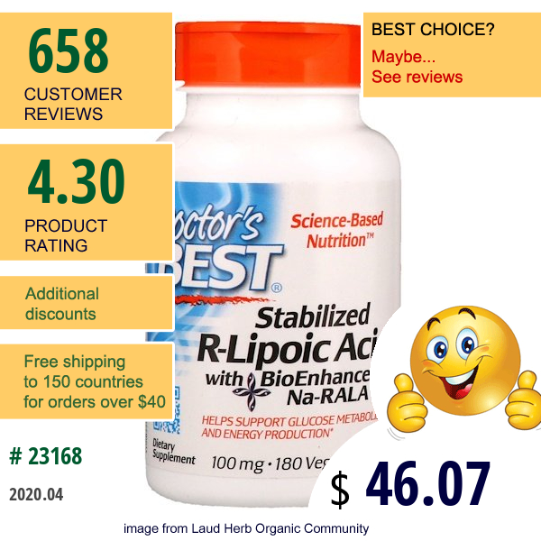 Doctor'S Best, Stabilized R-Lipoic Acid With Bioenhanced Na-Rala, 100 Mg, 180 Veggie Caps