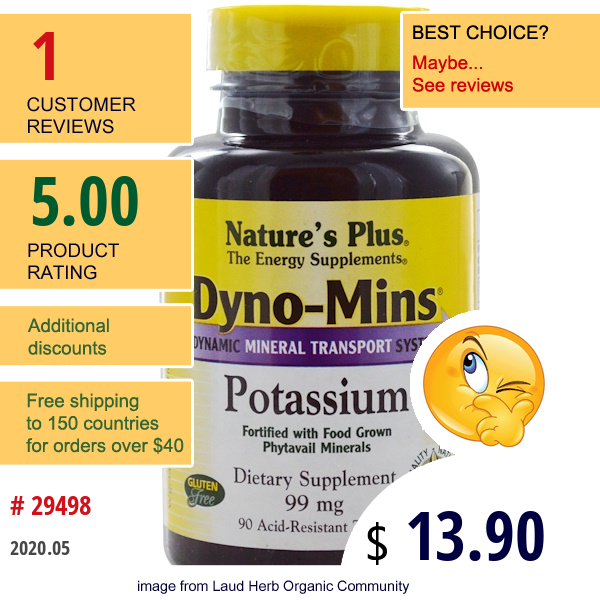 Nature'S Plus, Dyno-Mins, Potassium, 99 Mg, 90 Acid-Resistant Tablets  