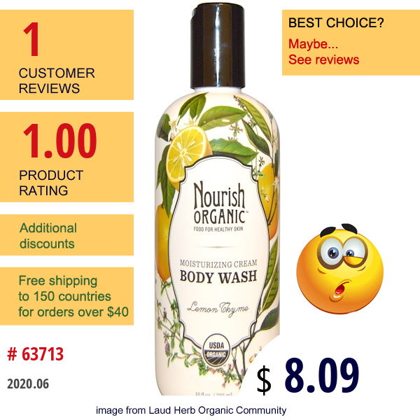 Nourish Organic, Moisturizing Cream Body Wash, Lemon Thyme, 10 Fl Oz (295 Ml)  