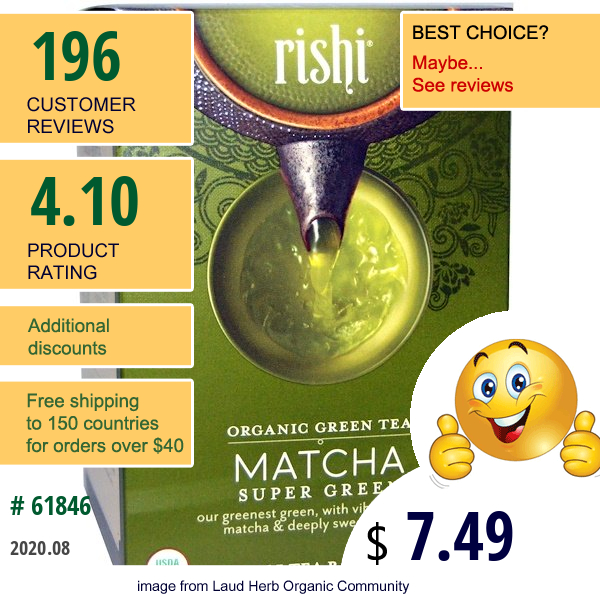 Rishi Tea, Organic Green Tea, Matcha Super Green, 15 Tea Bags 1.43 Oz (40.5 G)