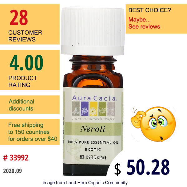 Aura Cacia, 100% Pure Essential Oil, Neroli, .125 Fl Oz (3.7 Ml)